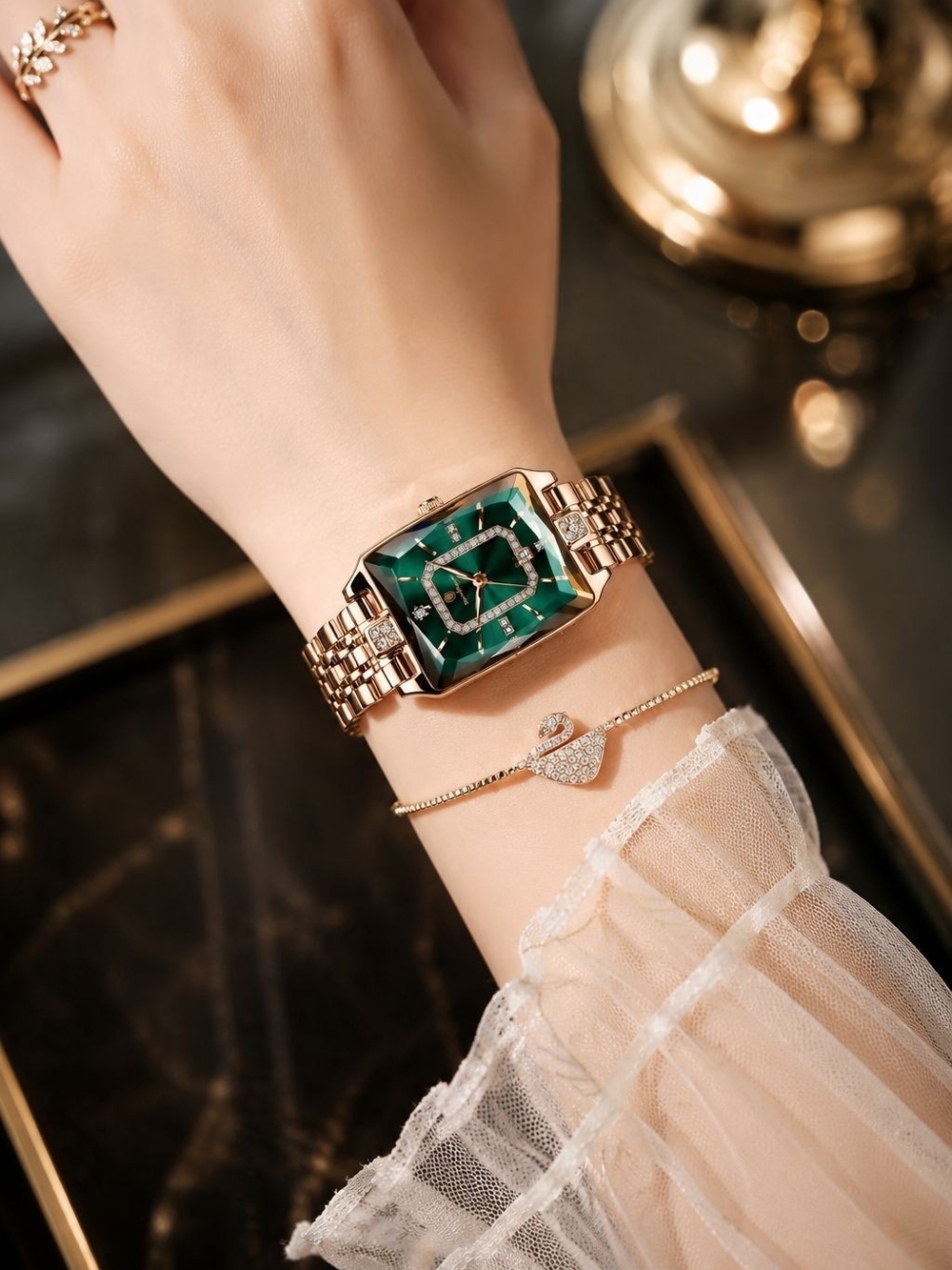 Rose Gold Bracelet Watch with Emerald Green Dial - Picture 3 of 5